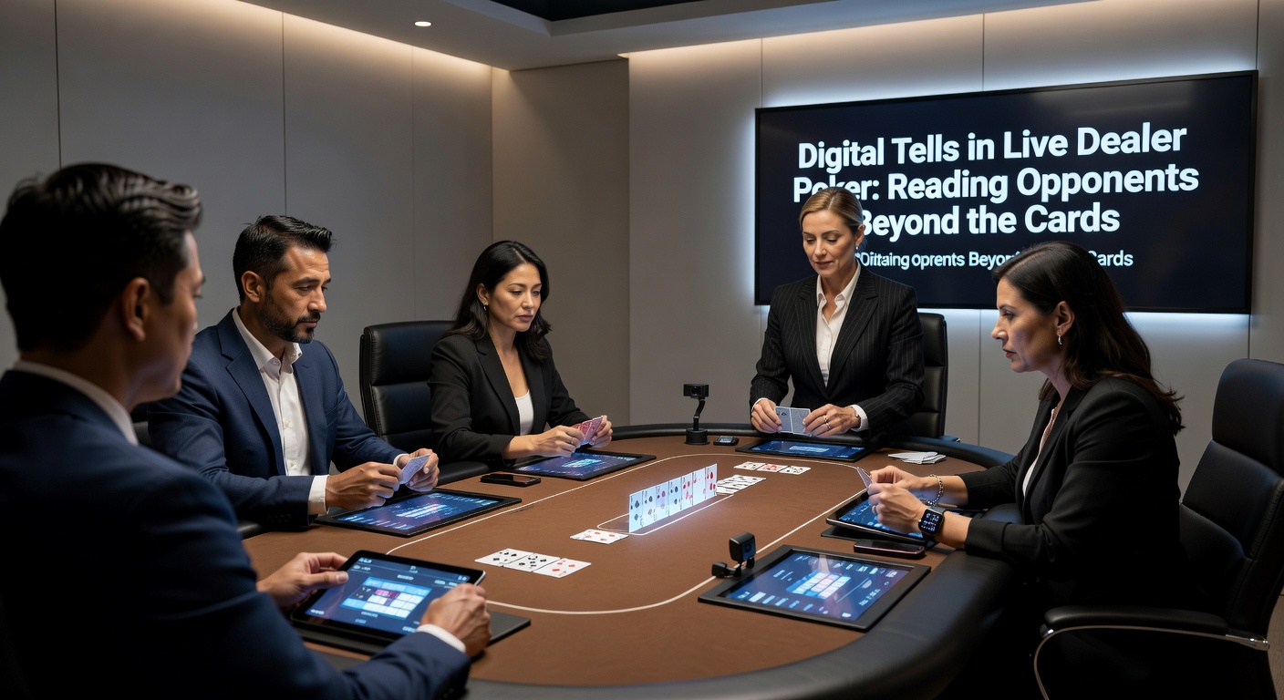 Live Dealer Poker Tisch mit digitalem Interface und Spielern, die über Webcams beobachtet werden