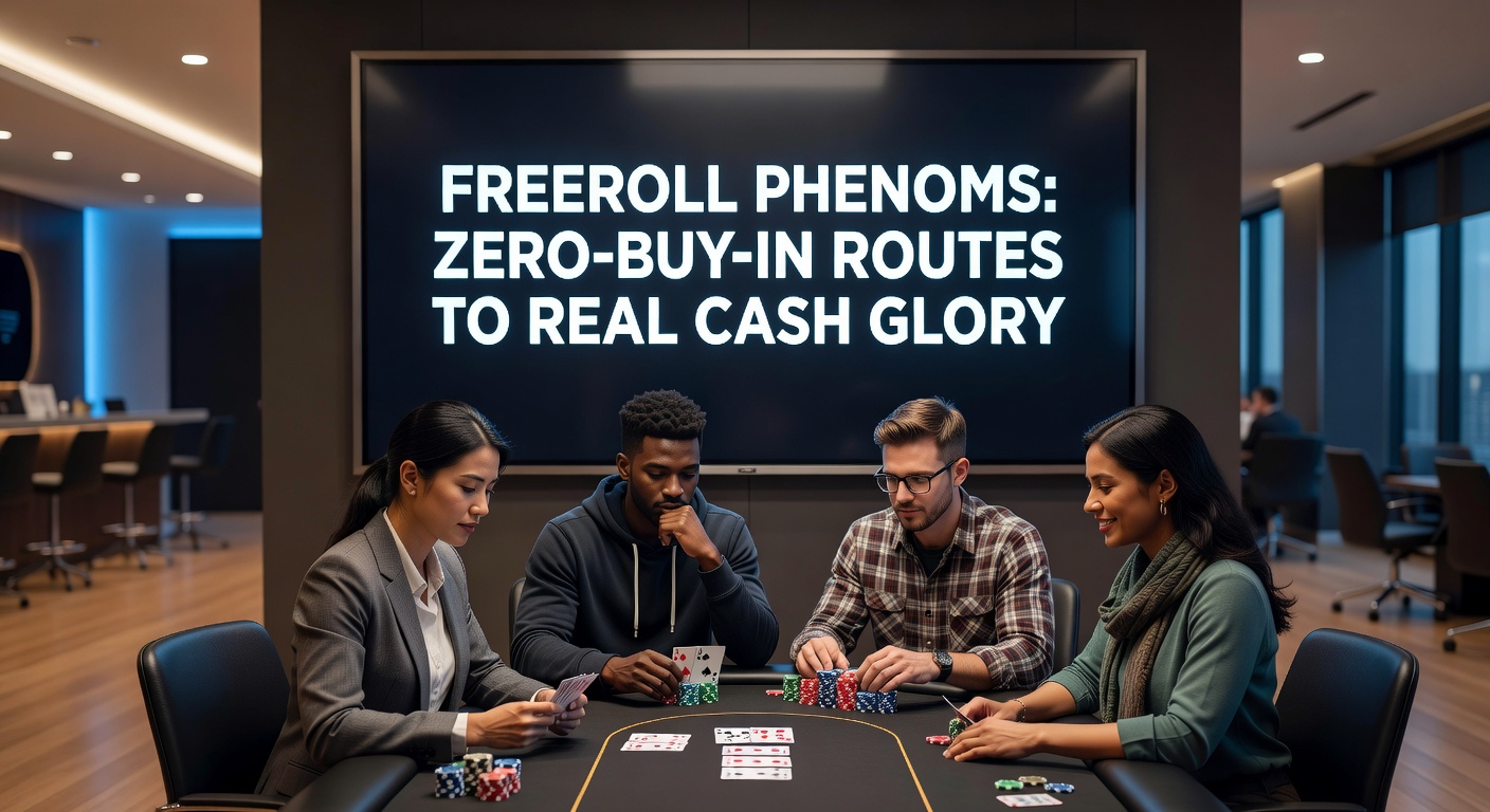 Ein Poker-Spieler am Laptop, der bei einem Freeroll-Turnier jubelt, während Chips und Karten im Hintergrund schweben