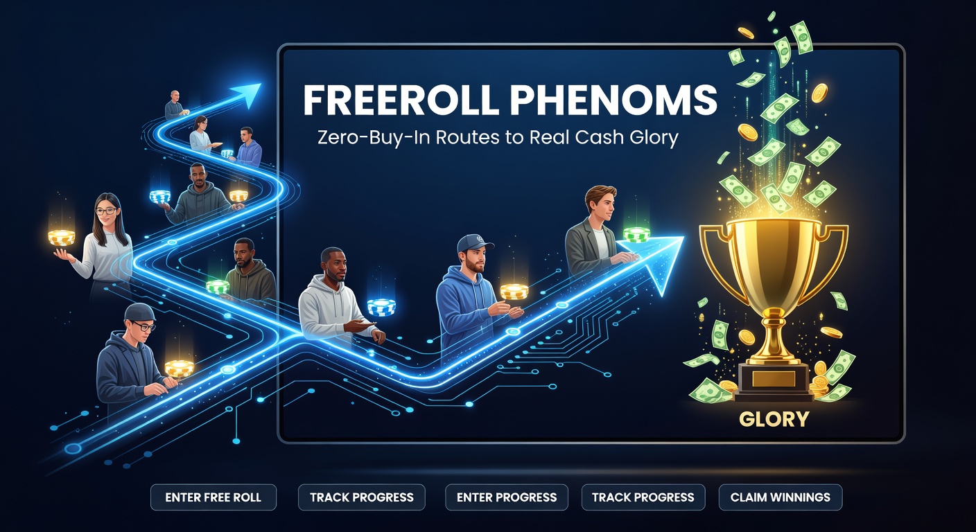 Gruppe von Spielern an verschiedenen Geräten, die ein Freeroll-Turnier verfolgen, mit Grafiken von steigenden Chip-Stacks