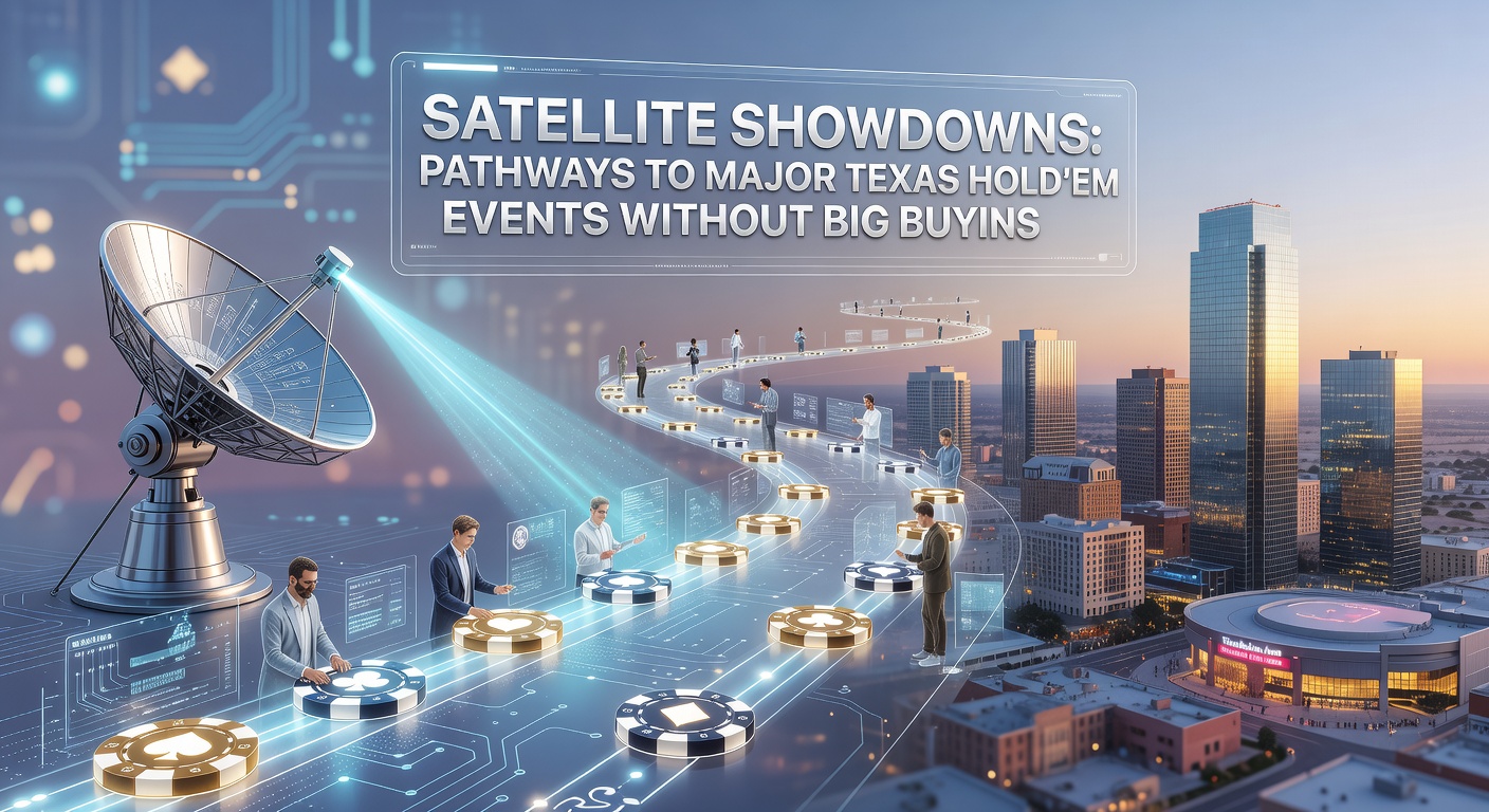 Spieler bei einem intensiven Satellite-Turnier, umgeben von Chips und Karten, auf dem Weg zum Haupt-Event